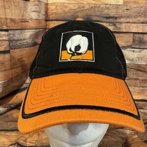 Bayer Cotton Boll Trucker Hat Orange Black Mesh Cap Agriculture Farm Southern